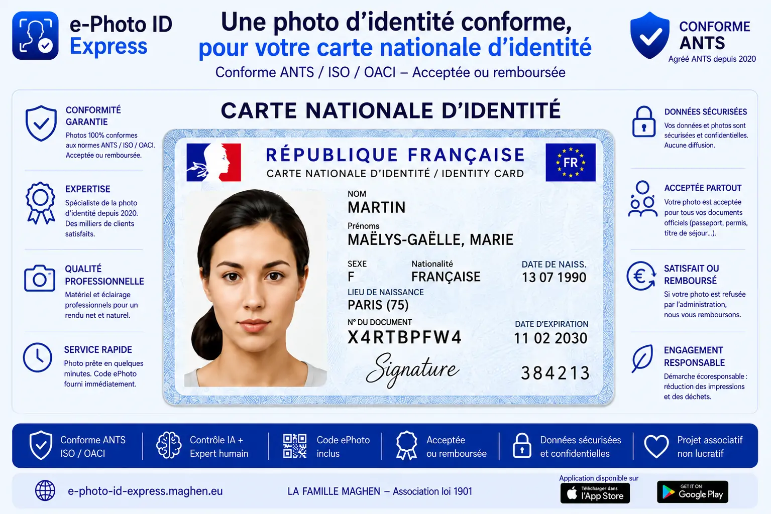 Exemple de carte nationale d'identité française, document concerné par la photo d'identité conforme ANTS/ISO/OACI
