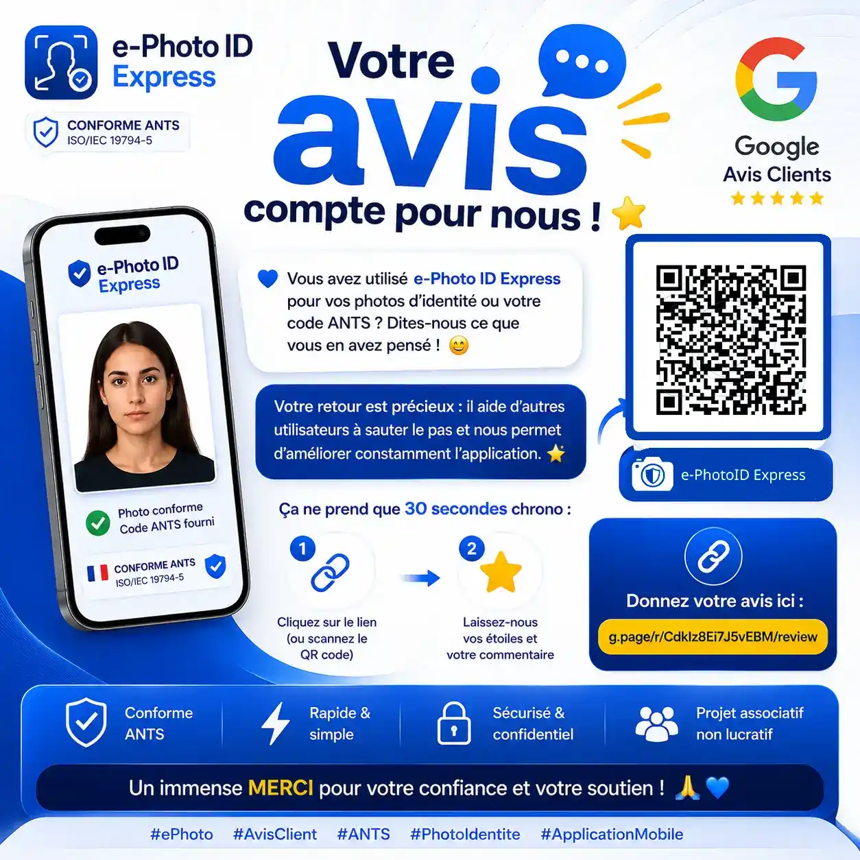 Page Google Avis de e-PhotoID Express avec QR code pour laisser un avis