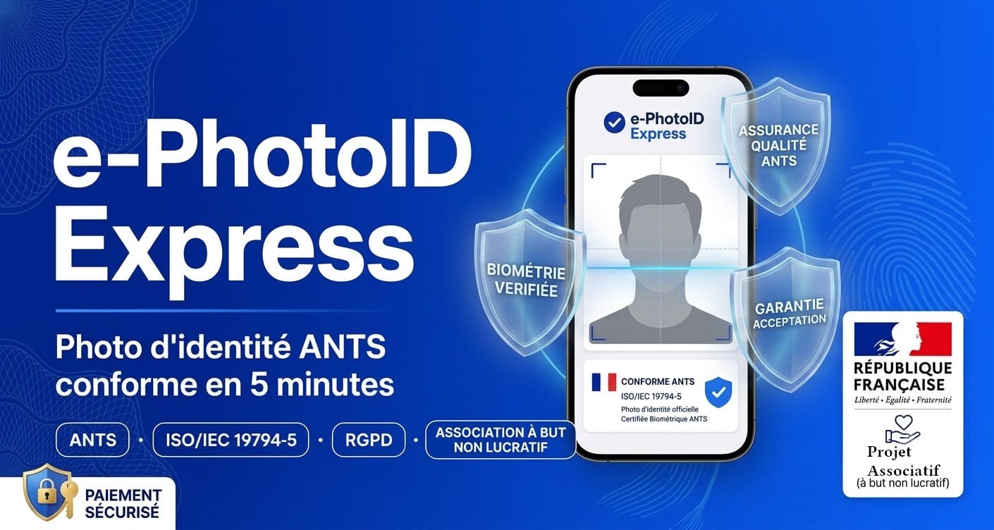Visuel Open Graph officiel de e-PhotoID Express : photo d'identité ANTS en 30 secondes.