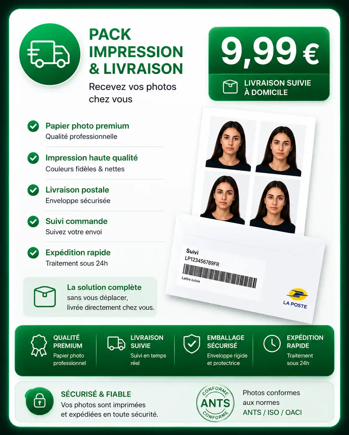 Illustration du Pack Impression et Livraison e-PhotoID Express : tirage photo premium expédié par voie postale suivie.