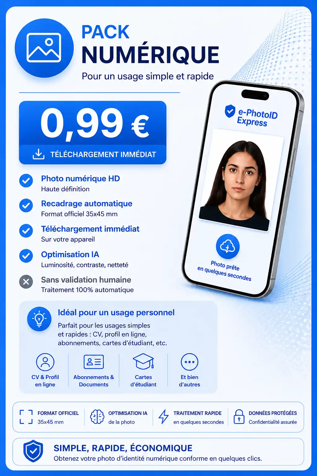 Illustration du Pack Numérique e-PhotoID Express : photo d'identité numérique HD avec recadrage automatique.