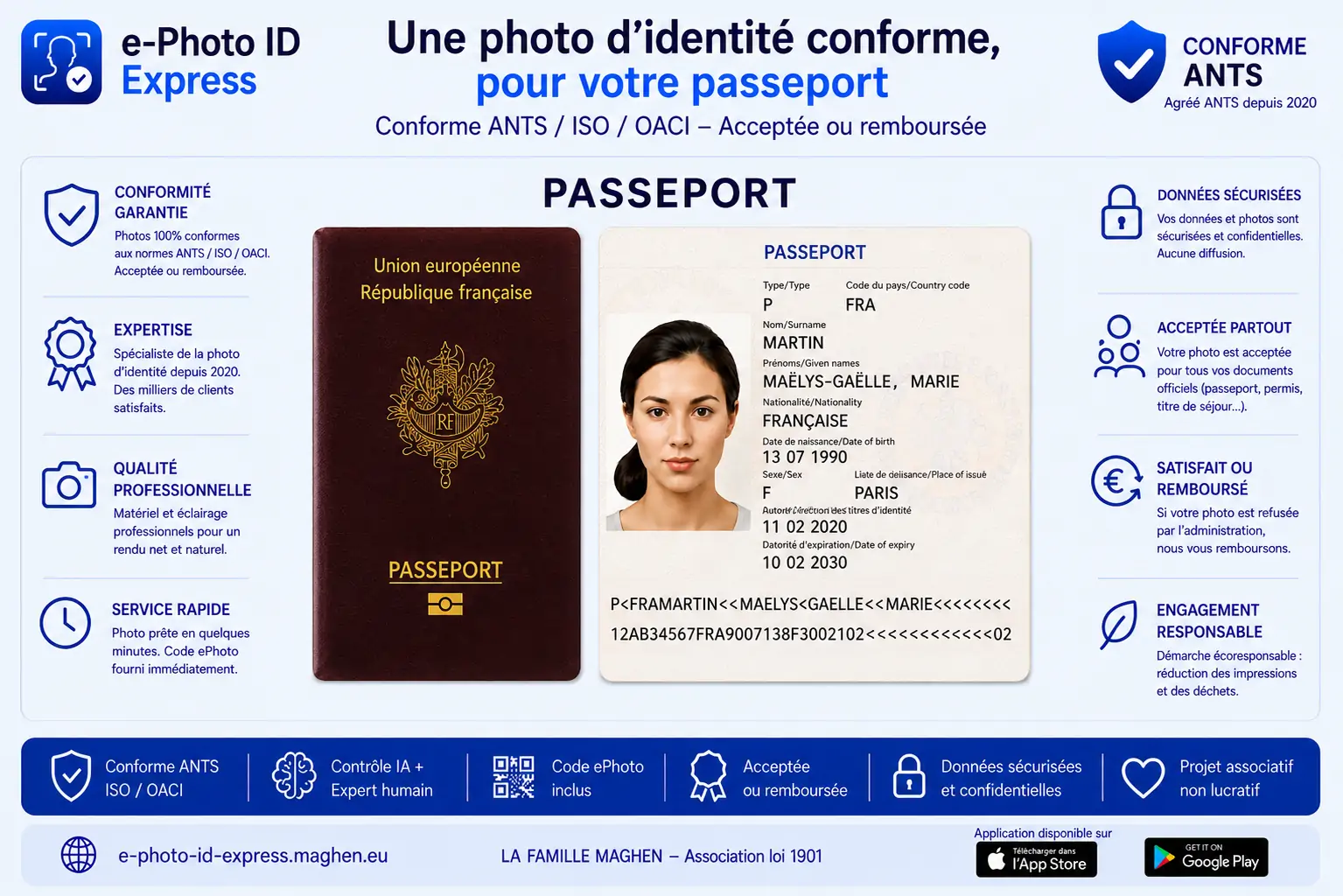 Exemple de passeport français, document concerné par la photo d'identité conforme ANTS/ISO/OACI