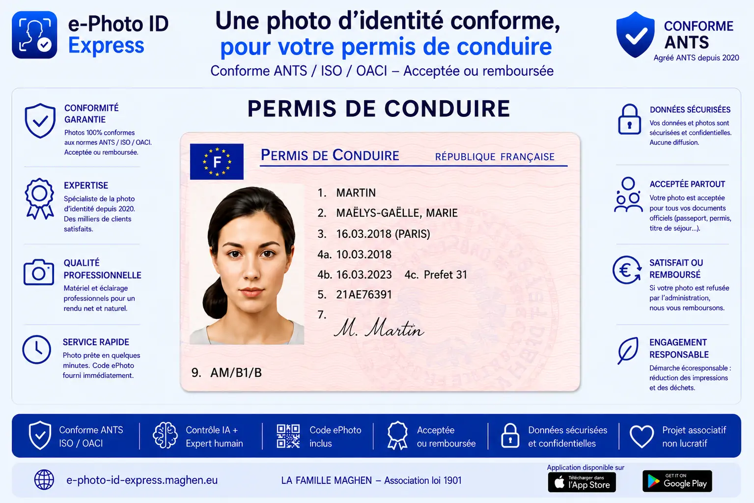 Exemple de permis de conduire français, document associé au code ePhoto ANTS
