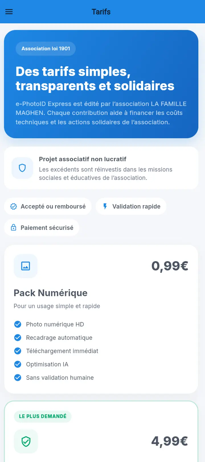 Aperçu de l'écran des tarifs e-PhotoID Express