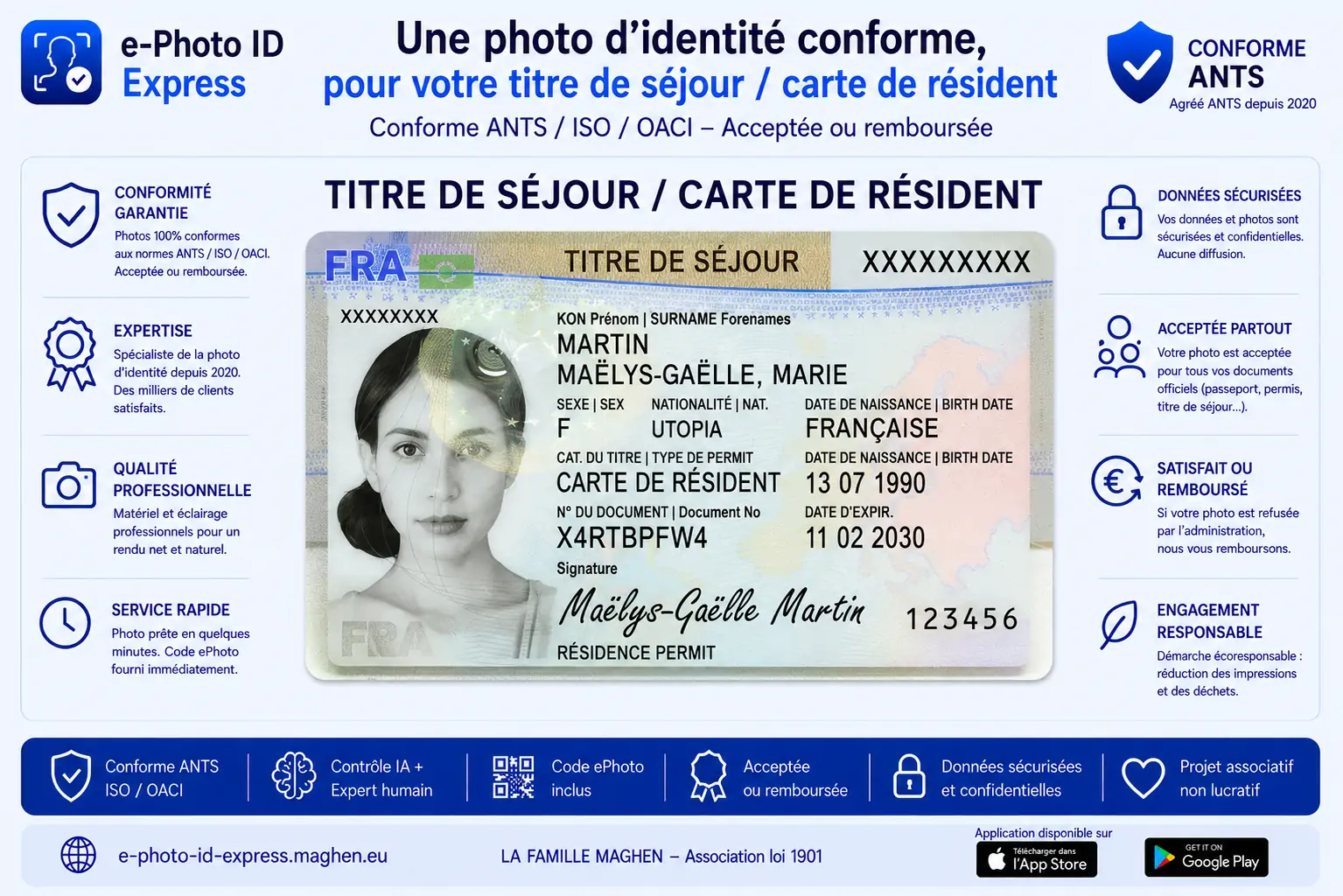 Exemple de titre de séjour français, document concerné par la photo d'identité conforme ANTS/ISO/OACI