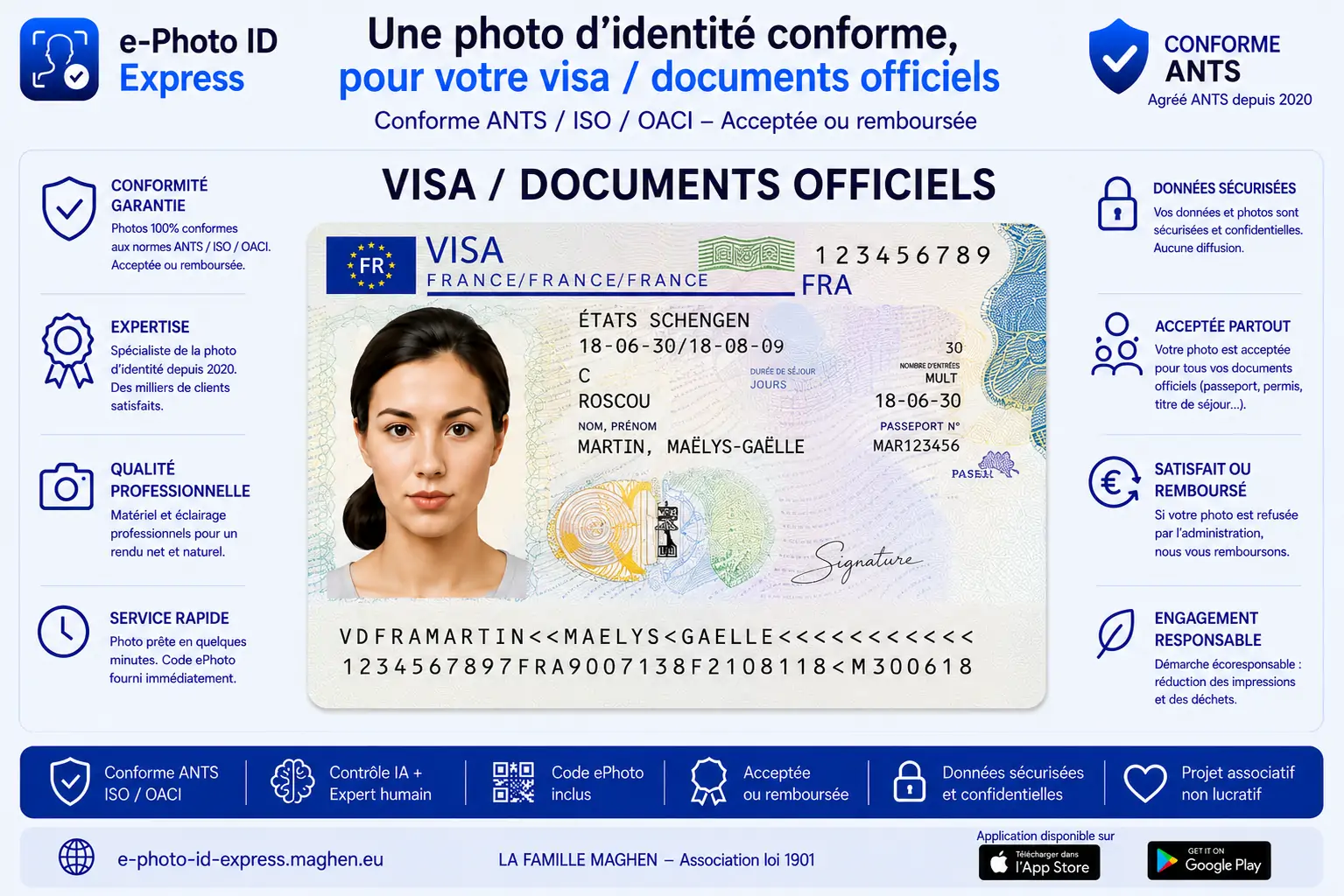 Exemple de visa Schengen, illustrant le format de photo OACI accepté par la majorité des demandes de visa